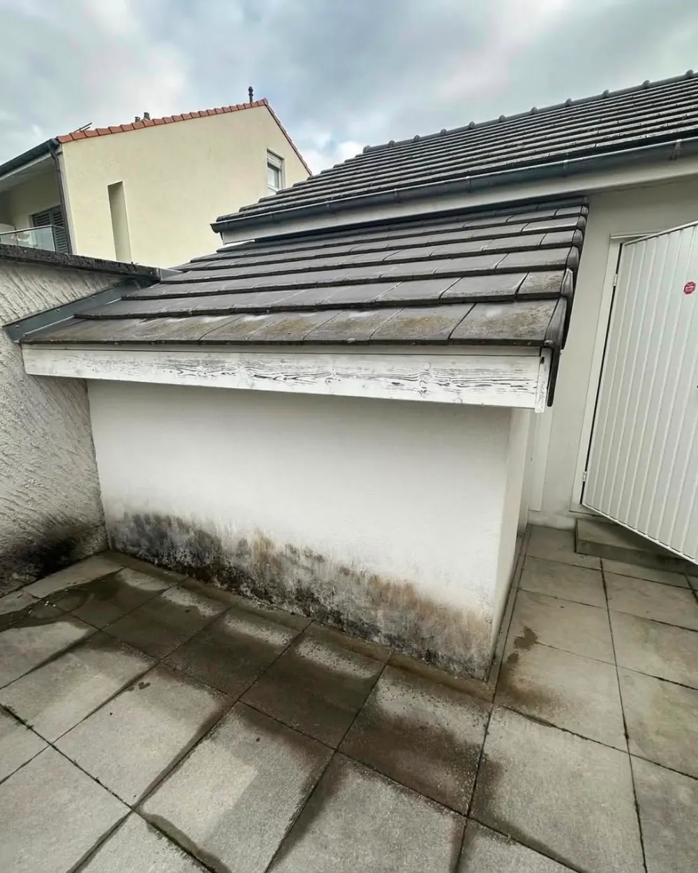 Façade de garage avant travaux : enduit taché de moisissures en pied de mur